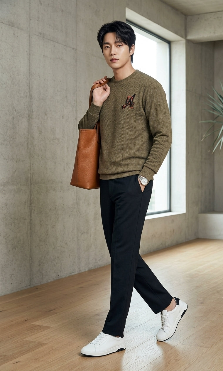 A man wearing an olive green knit sweater with a small embroidered logo on the chest, black trousers, and white sneakers, carrying a brown leather tote bag in a modern concrete-walled room.