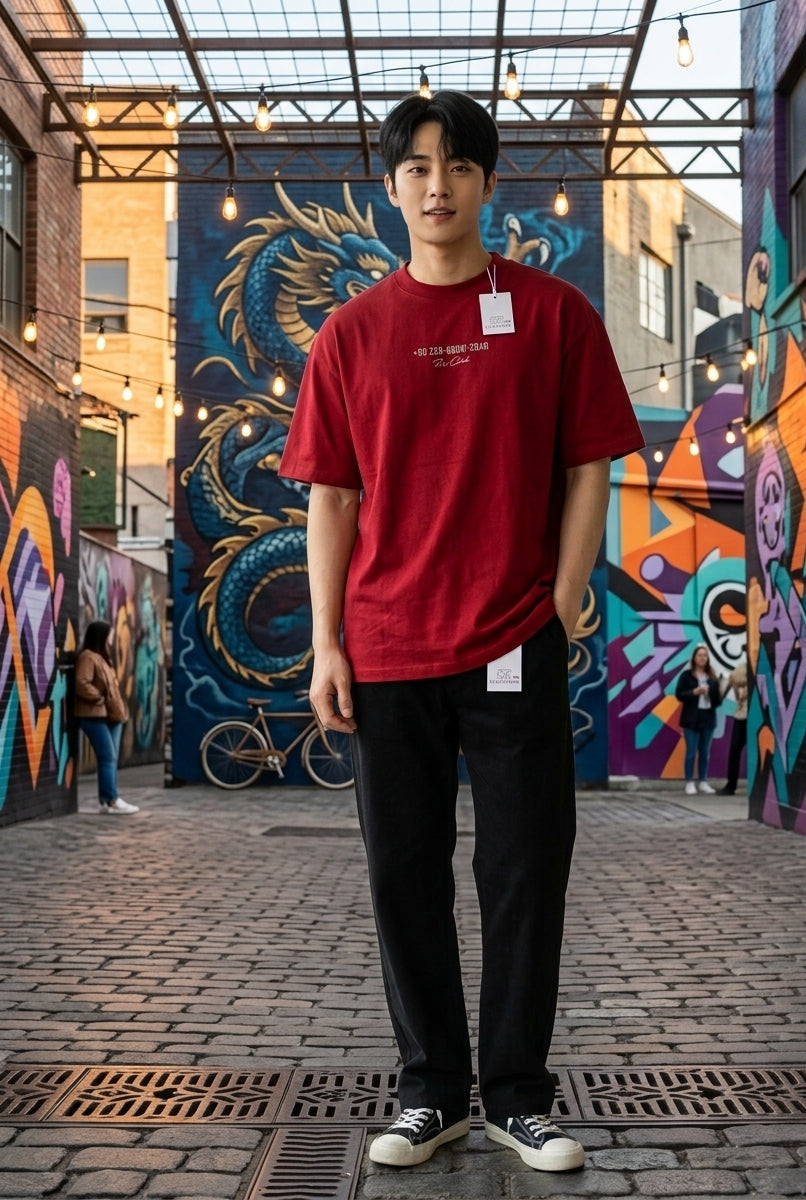 A man wearing a red crewneck t-shirt with white text, black pants, and black-and-white sneakers stands in an outdoor alleyway with colorful graffiti murals on the walls.