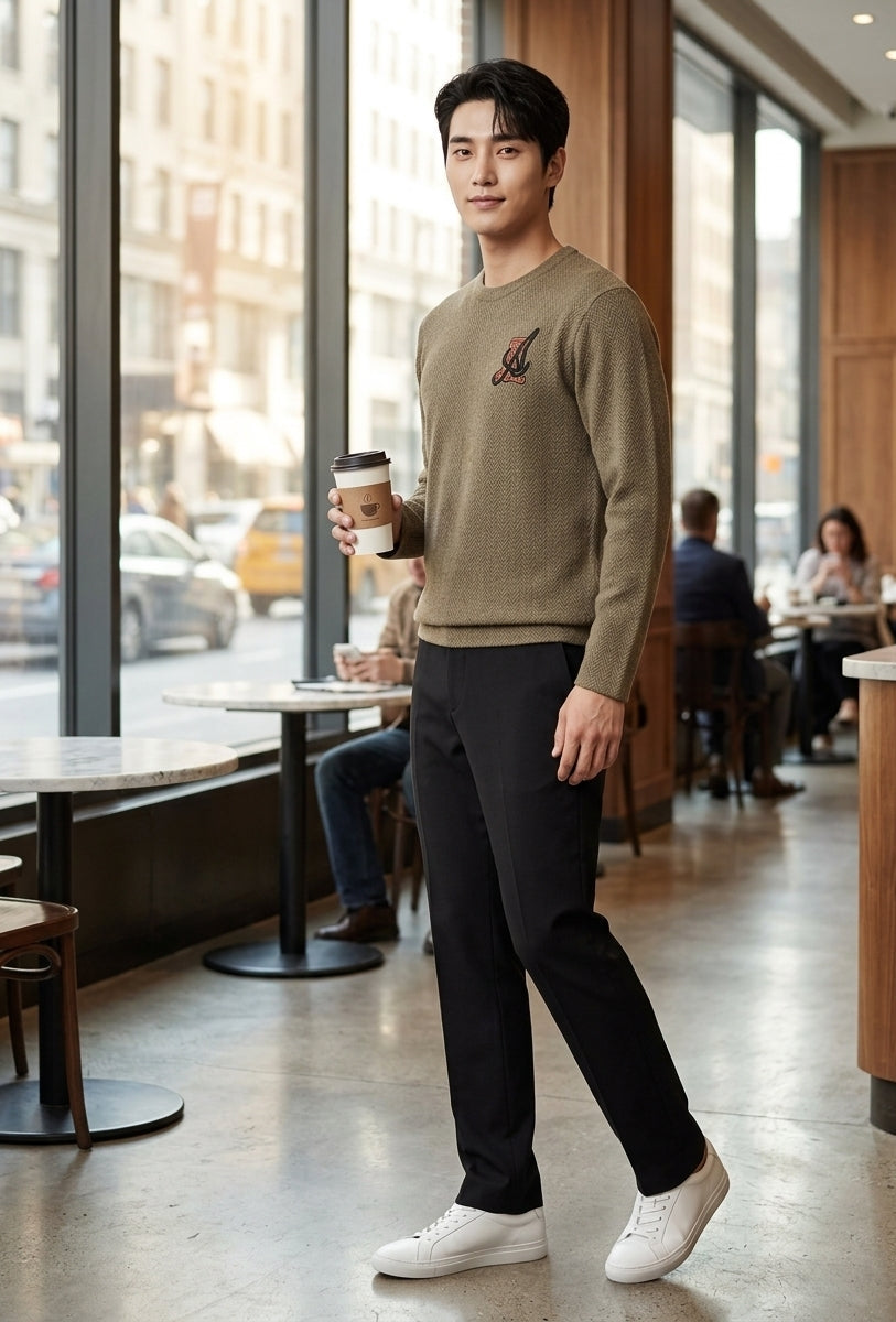 A man standing in a modern coffee shop wearing a textured olive green crewneck sweater with a small embroidered logo on the chest, black trousers, and white sneakers, holding a paper coffee cup.