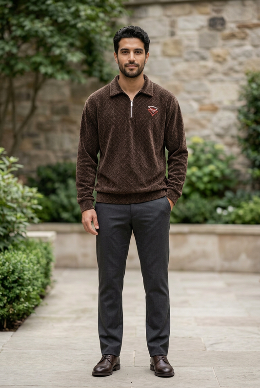 A man wearing a brown textured quarter-zip pullover sweater with a small red embroidered logo on the left chest, paired with dark gray trousers and brown leather shoes, standing outdoors on a stone pathway.