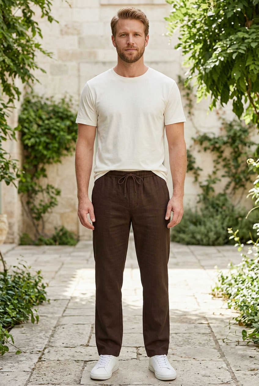 Coffee Linen-Cotton Canvas Trousers