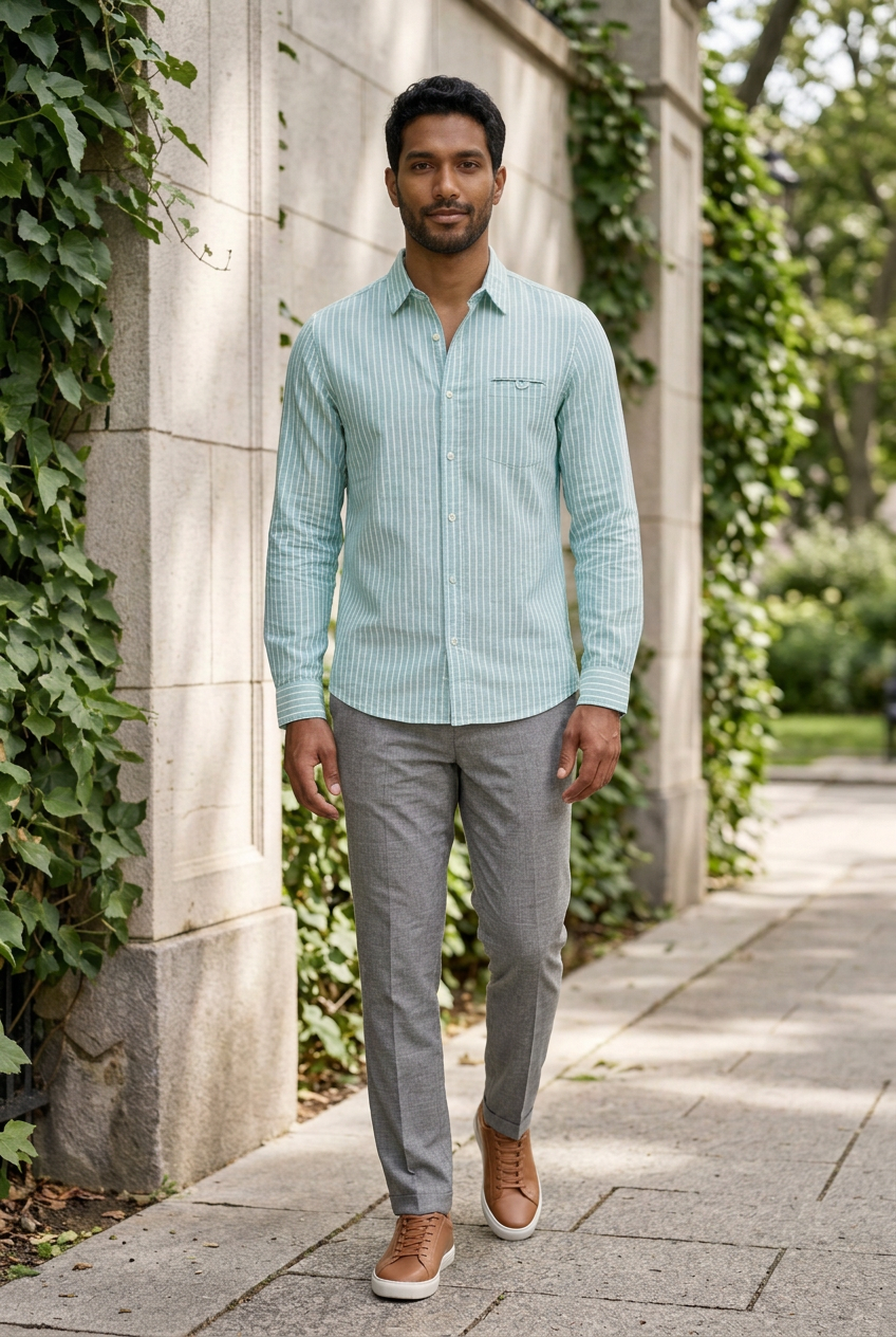 Green Stripe Linen-Cotton Formal Shirt