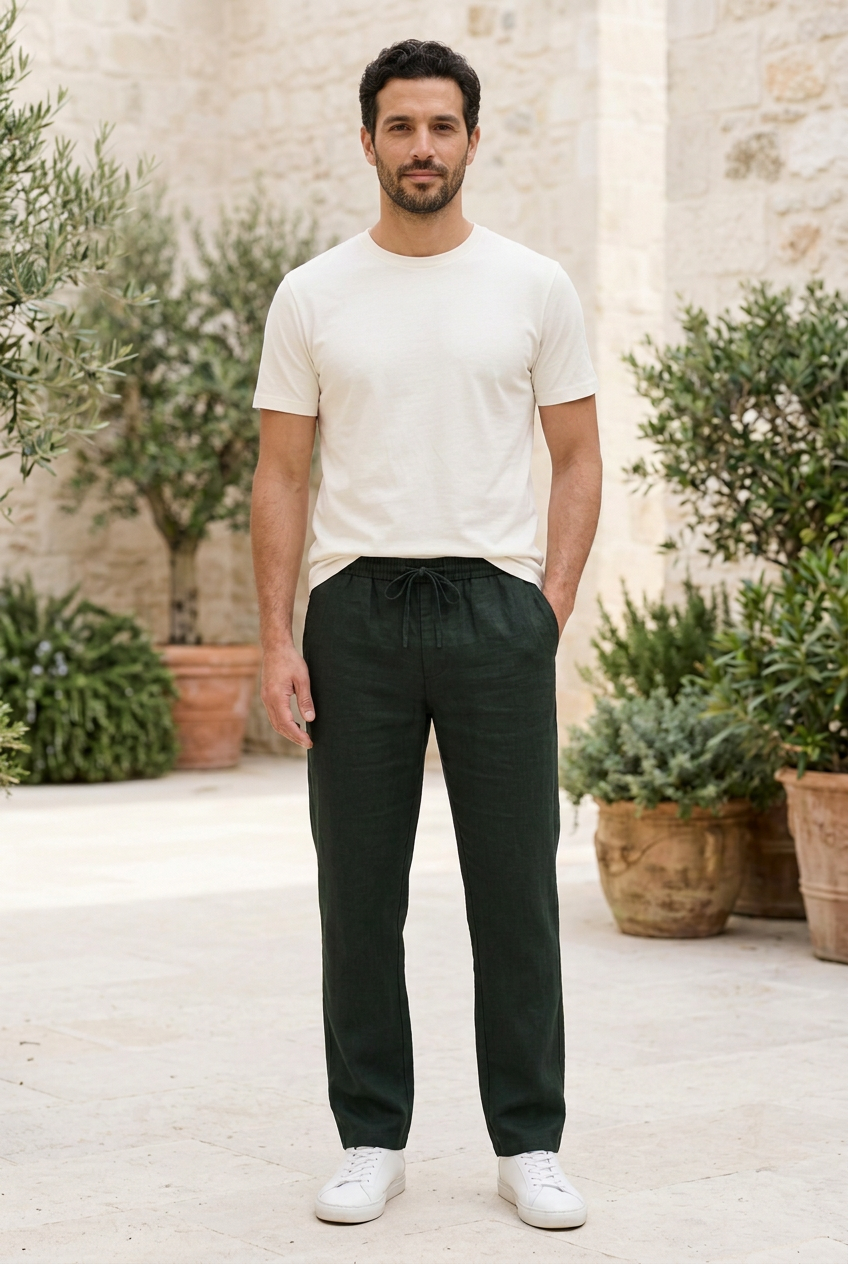 Dark Blackish Green Linen-Cotton Canvas Trousers