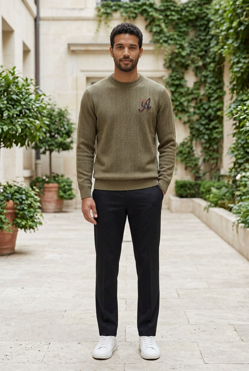 Green Knitted Full-Sleeve Round-Neck Sweater