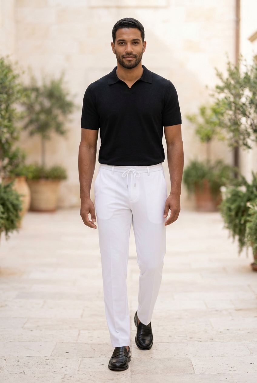 A man walking outdoors wearing a black short-sleeve polo shirt, white drawstring trousers, and black dress shoes.
