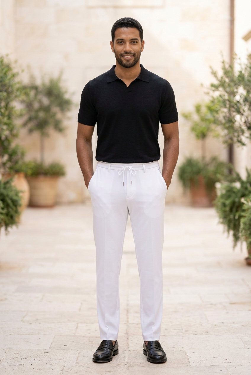 A man standing outdoors wearing a black short-sleeve polo shirt and white drawstring trousers, with black shoes, against a light stone wall and potted plants.