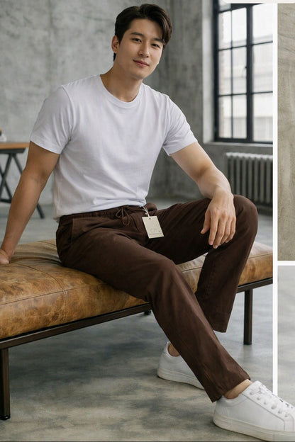 Coffee Linen-Cotton Canvas Trousers