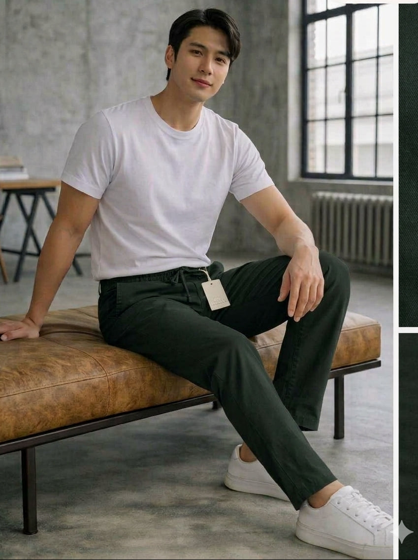 Dark Blackish Green Linen-Cotton Canvas Trousers