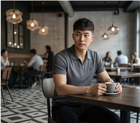 A man wearing a dark gray short-sleeve polo shirt sits at a wooden table in a modern cafe, holding a white coffee cup.