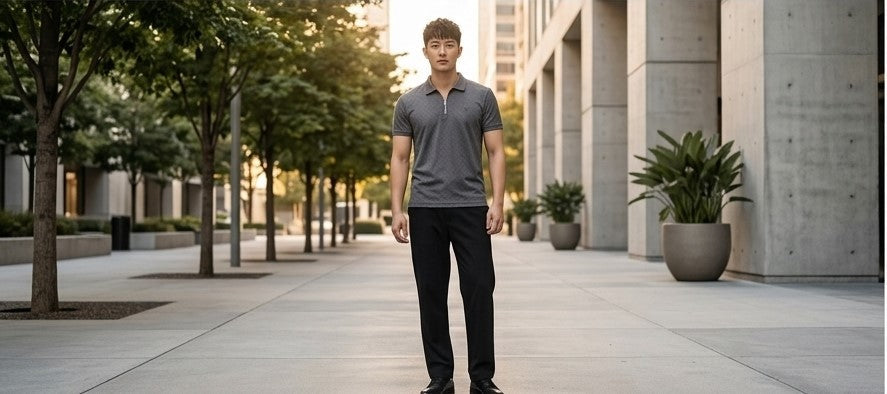 A man wearing a dark gray short-sleeve polo shirt and black pants stands on a wide concrete walkway between modern buildings and trees.