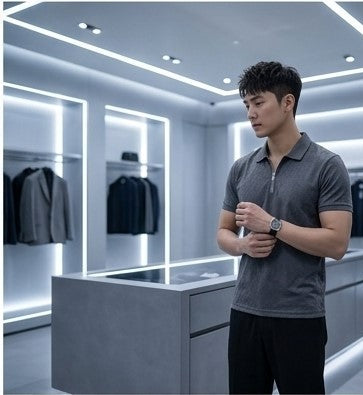 A man wearing a dark gray short-sleeve polo shirt and black pants standing inside a modern, brightly lit clothing store.