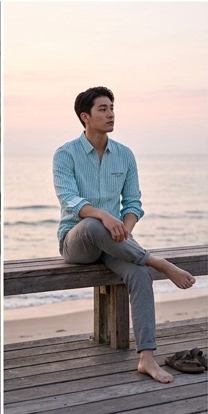 A man sits barefoot on a wooden boardwalk by the ocean at sunset, wearing a light blue striped long-sleeve button-up shirt and gray pants.