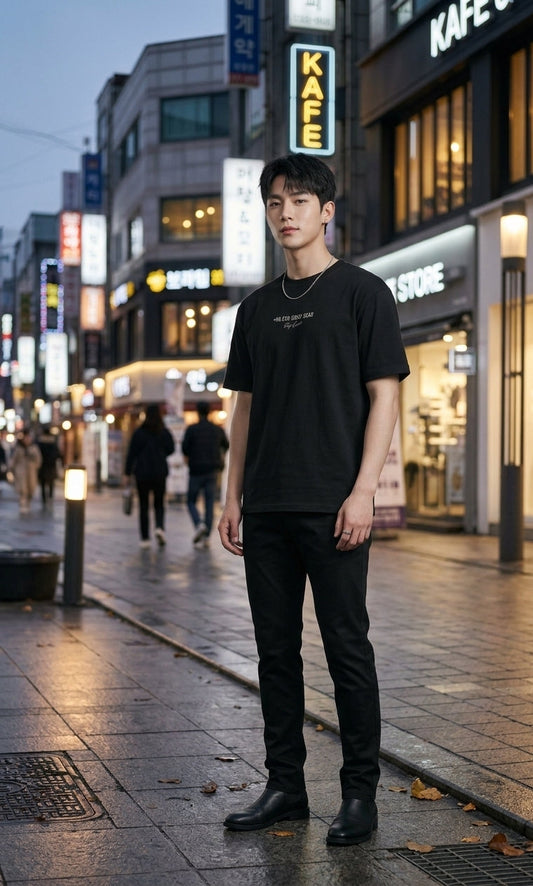 A man wearing a black graphic t-shirt, black pants, and black boots stands on a wet city street at dusk with illuminated storefronts in the background.