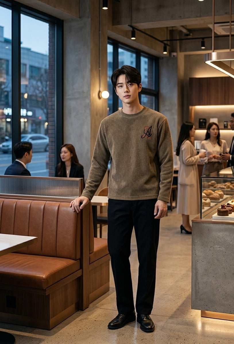 A man wearing a taupe-brown crewneck sweater with a small embroidered logo and black trousers stands in a modern cafe interior.