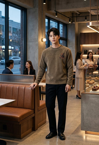 A man wearing a taupe-brown crewneck sweater with a small embroidered logo and black trousers stands in a modern cafe interior.