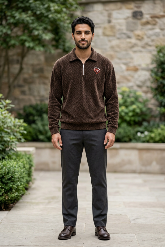 A man wearing a brown textured quarter-zip pullover sweater with a small embroidered logo on the left chest, paired with dark gray trousers and brown leather shoes, standing outdoors on a stone pathway.