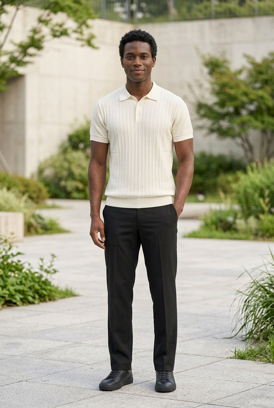 A man standing outdoors on a paved walkway wearing a cream ribbed short-sleeve polo shirt, black trousers, and black shoes.