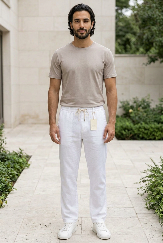 White Linen-Cotton Canvas Trousers