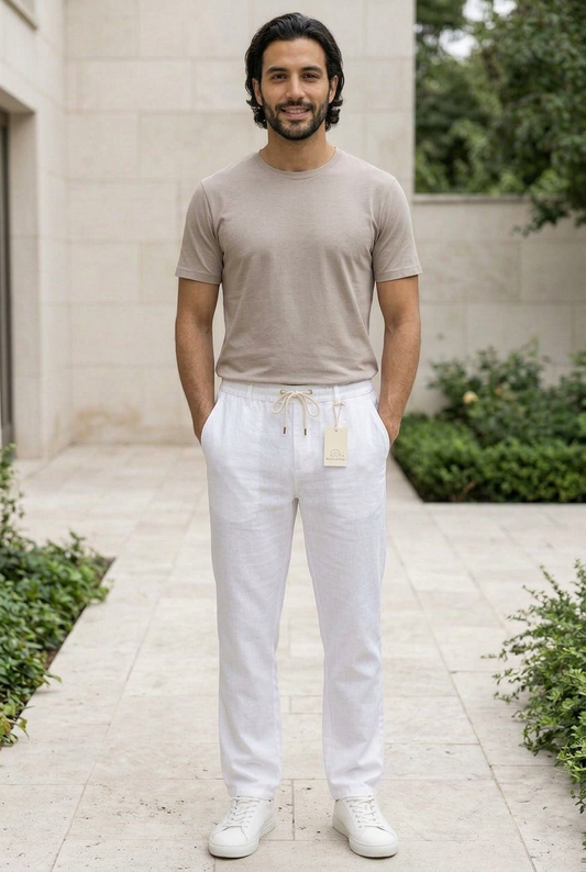 White Linen-Cotton Canvas Trousers