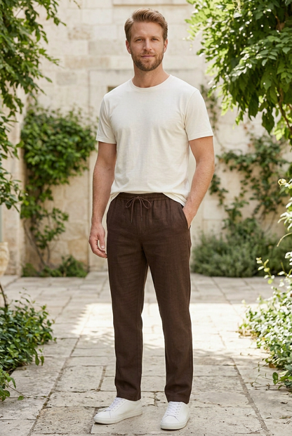 Coffee Linen-Cotton Canvas Trousers
