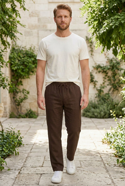 Coffee Linen-Cotton Canvas Trousers