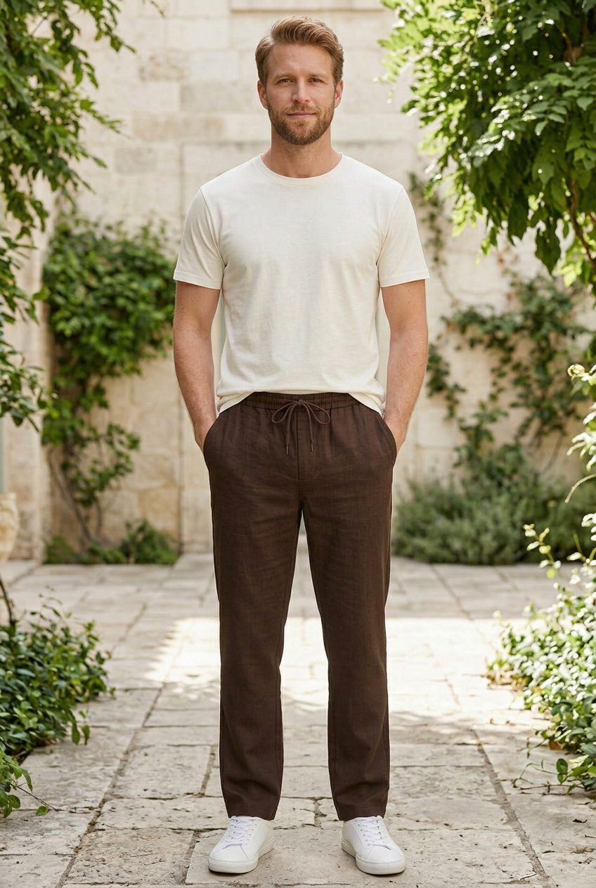 Coffee Linen-Cotton Canvas Trousers