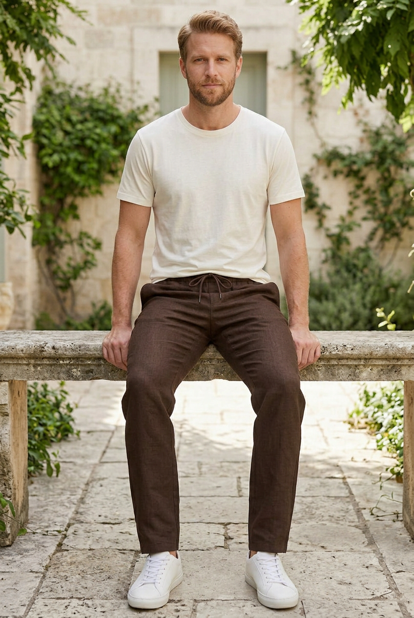 Coffee Linen-Cotton Canvas Trousers