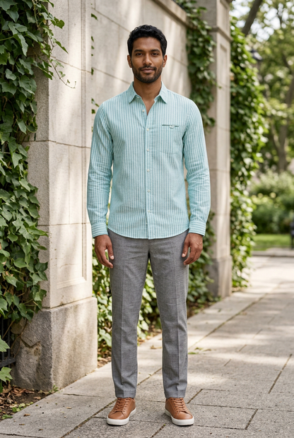 Green Stripe Linen-Cotton Formal Shirt