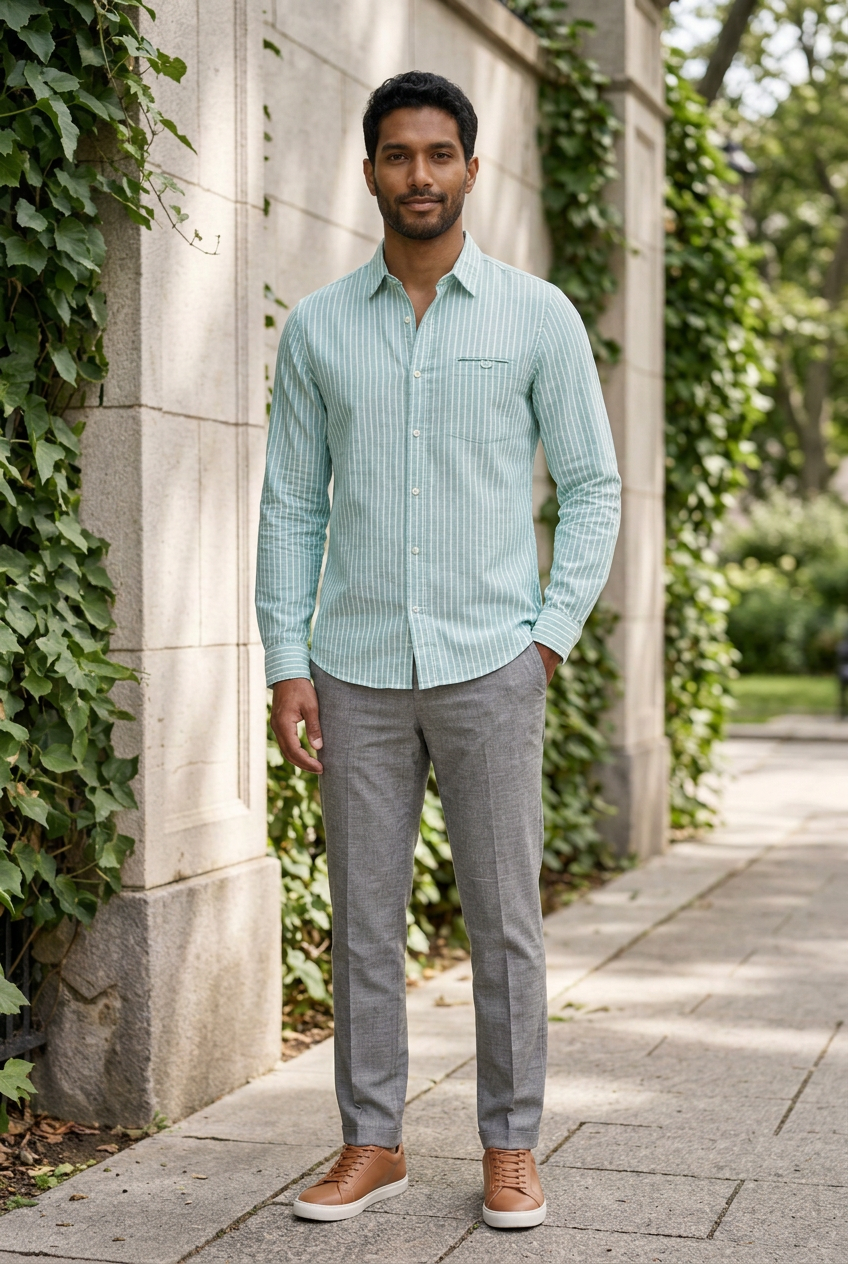 Green Stripe Linen-Cotton Formal Shirt