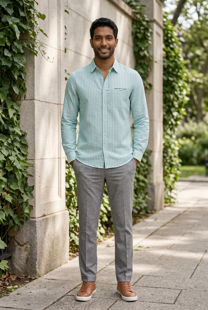 Green Stripe Linen-Cotton Formal Shirt