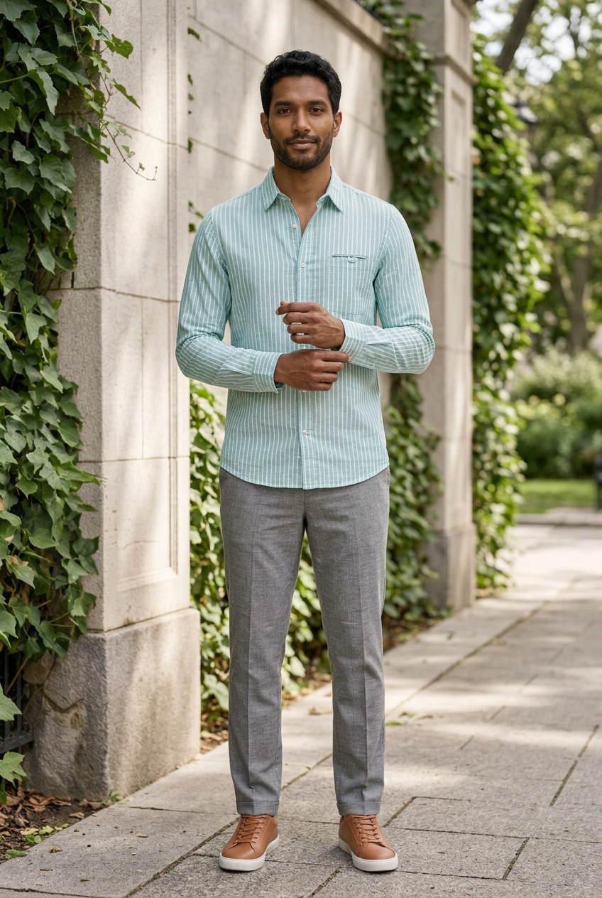 Green Stripe Linen-Cotton Formal Shirt