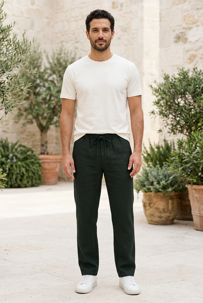 Dark Blackish Green Linen-Cotton Canvas Trousers