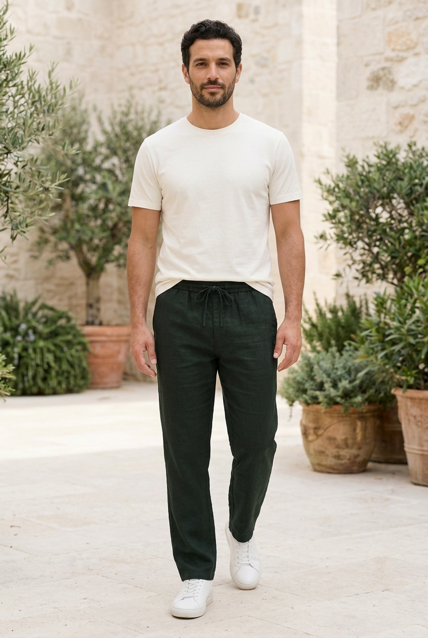 Dark Blackish Green Linen-Cotton Canvas Trousers