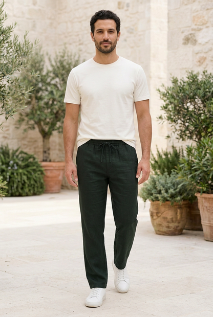 Dark Blackish Green Linen-Cotton Canvas Trousers