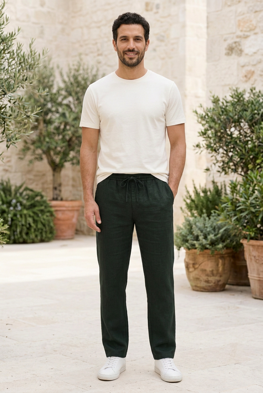 Dark Blackish Green Linen-Cotton Canvas Trousers