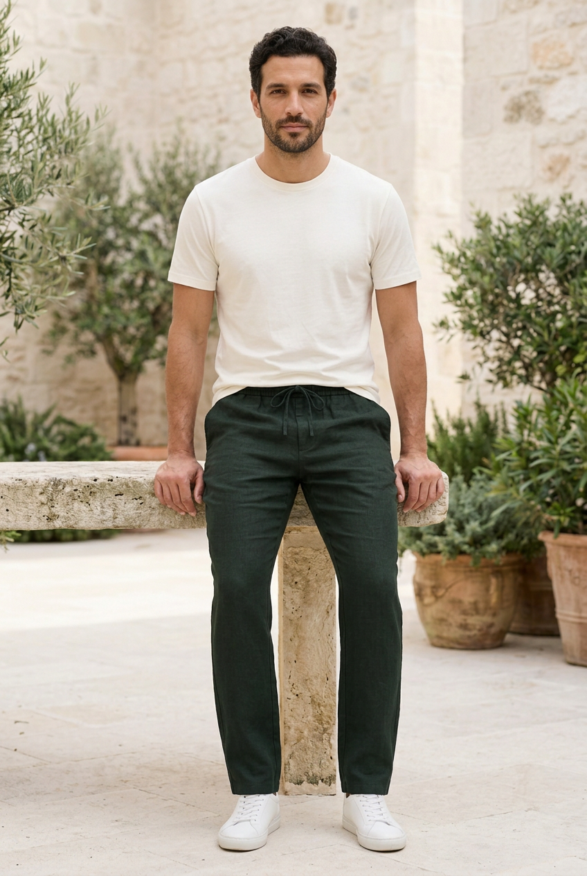 Dark Blackish Green Linen-Cotton Canvas Trousers