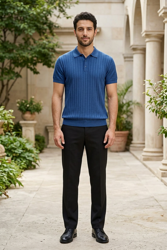Blue Knitted Button T-Shirt