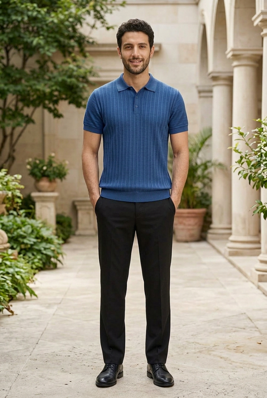 Blue Knitted Button T-Shirt