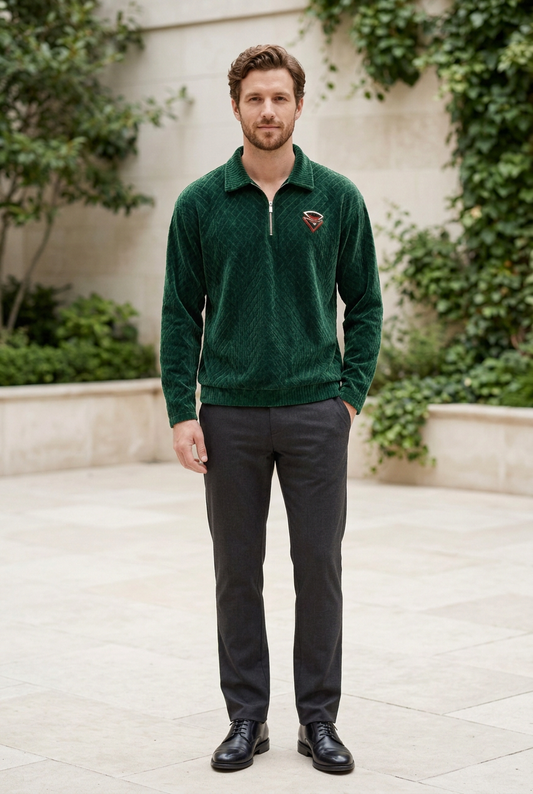 Green Knitted Corduroy Full-Sleeve T-Shirt