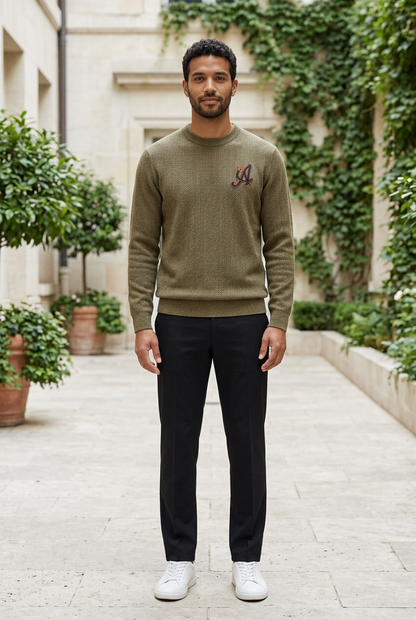 Green Knitted Full-Sleeve Round-Neck Sweater