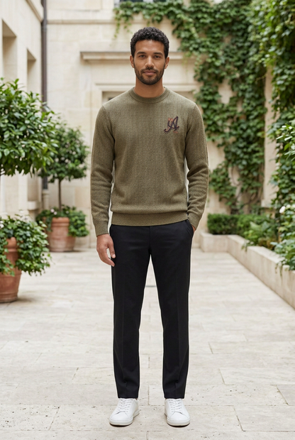 Green Knitted Full-Sleeve Round-Neck Sweater