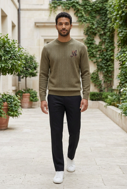 Green Knitted Full-Sleeve Round-Neck Sweater