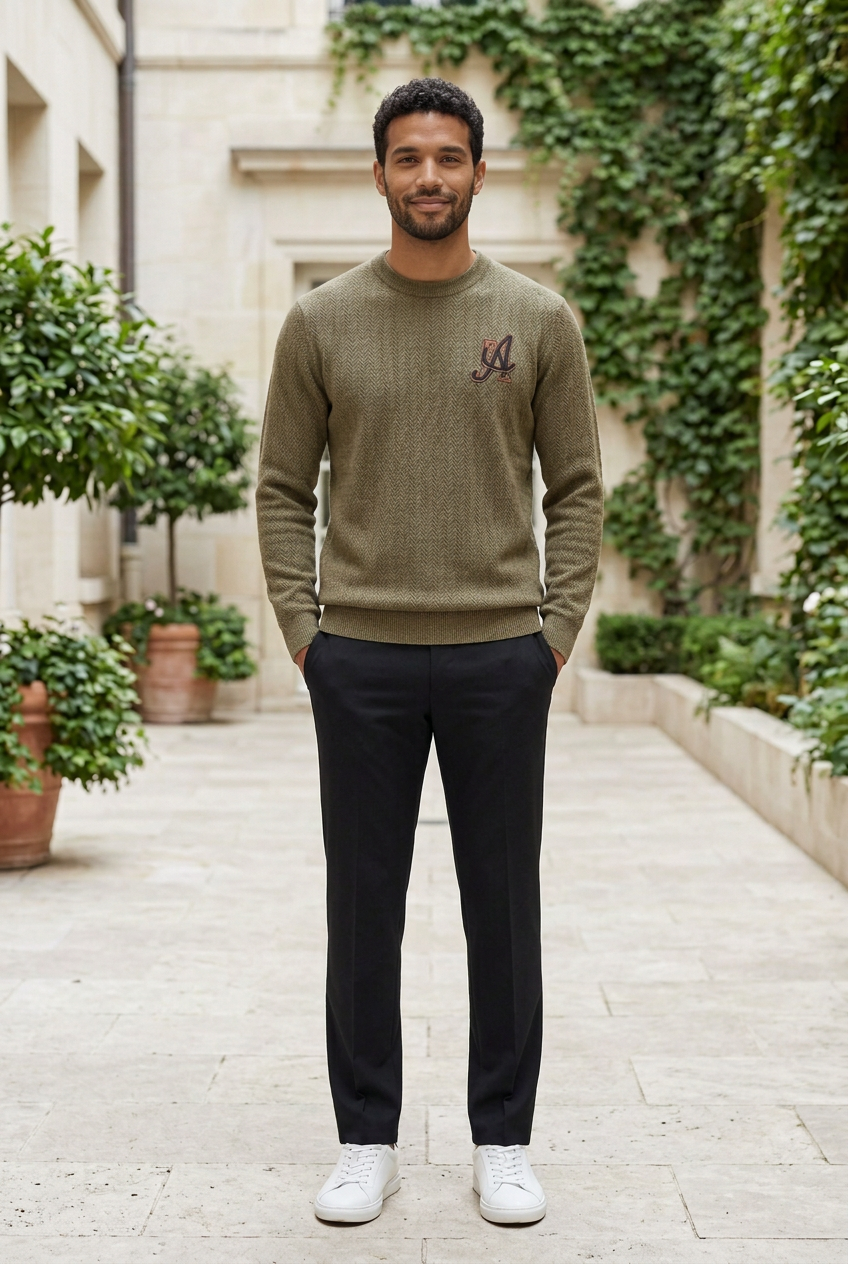 Green Knitted Full-Sleeve Round-Neck Sweater