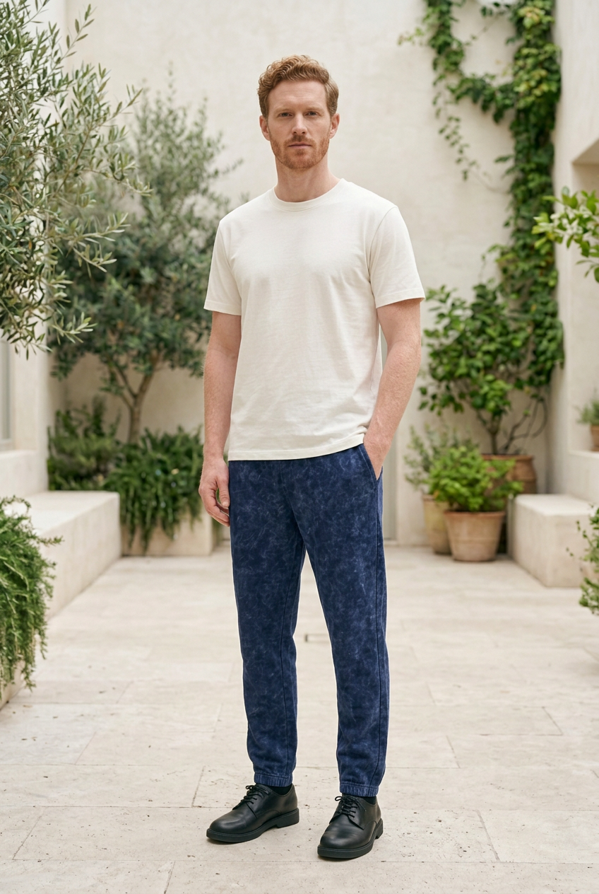Blue Acid-Wash Cotton Pants