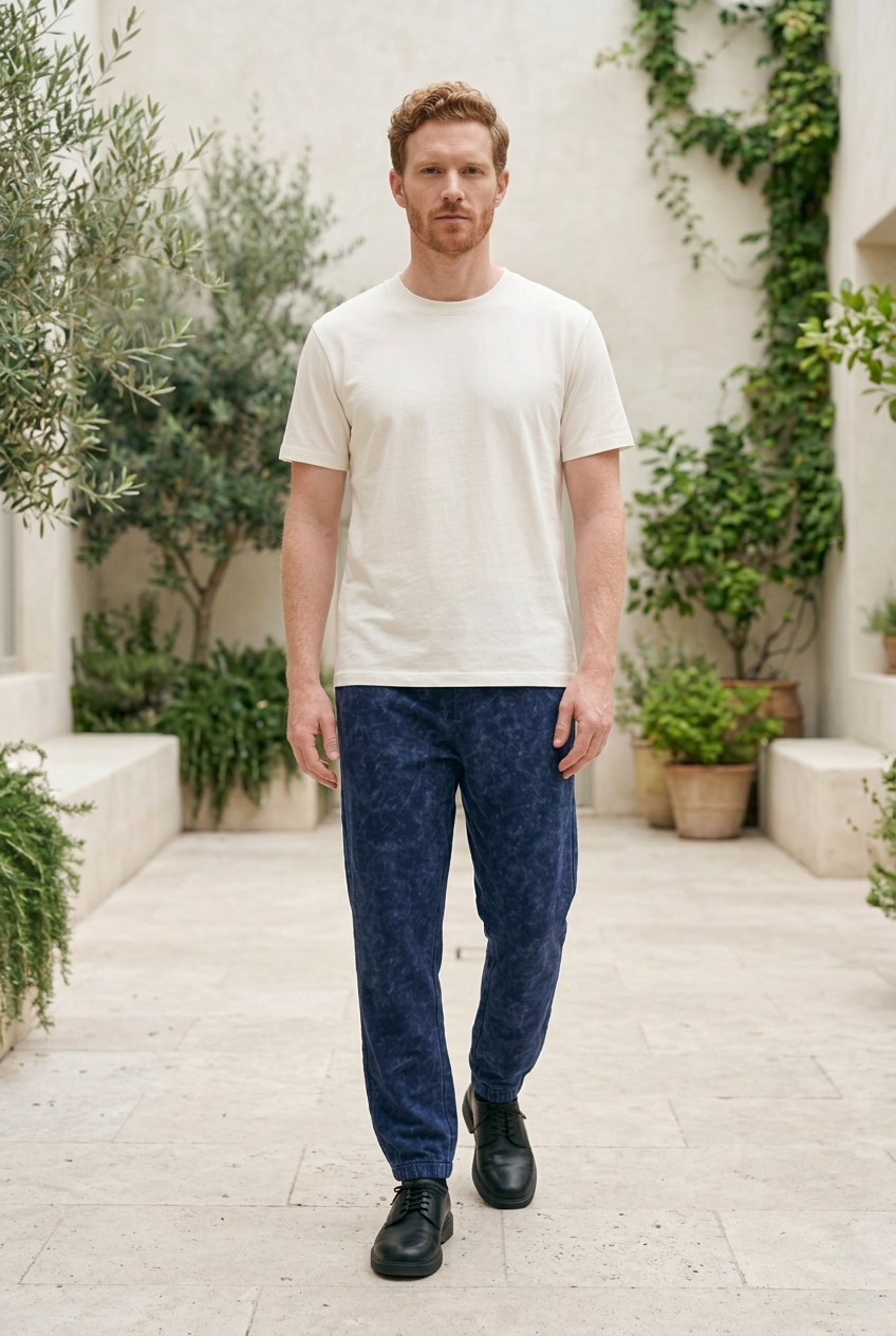 Blue Acid-Wash Cotton Pants