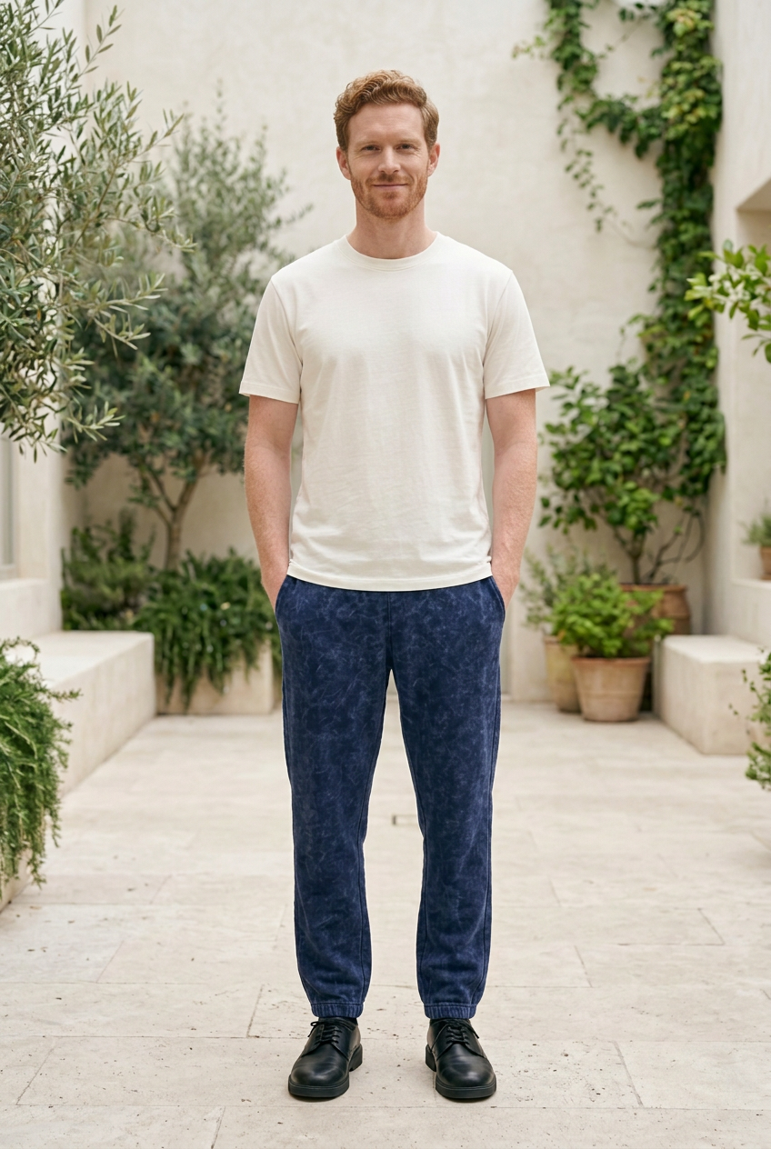 Blue Acid-Wash Cotton Pants