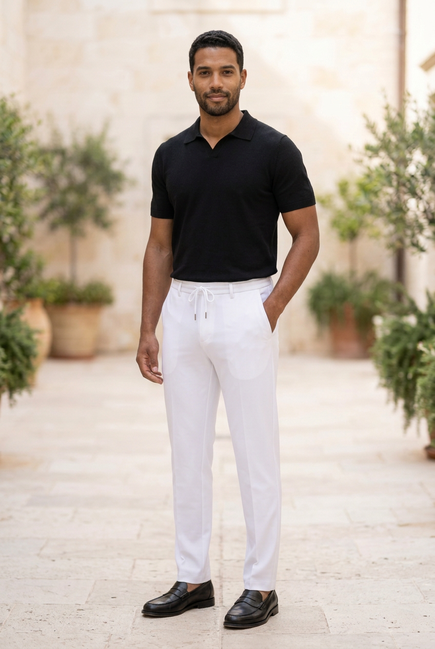 A man wearing a black short-sleeve polo shirt and white drawstring trousers, standing outdoors in front of a light-colored stone wall with potted plants.