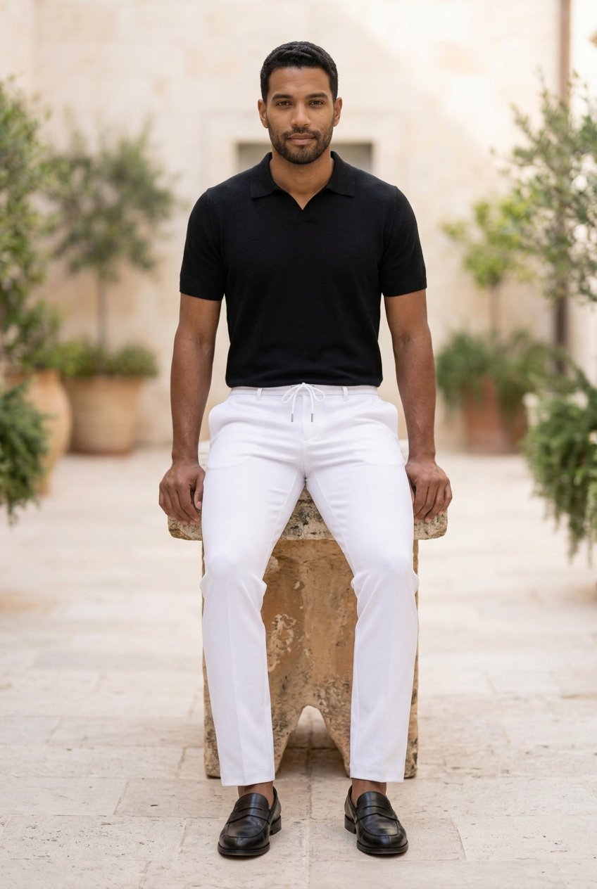 A man wearing a black short-sleeve polo shirt and white drawstring trousers, sitting on a stone bench in an outdoor courtyard setting.